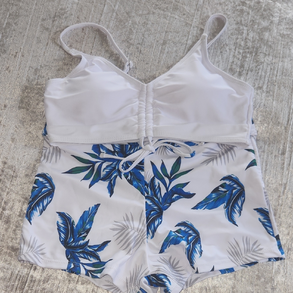 White and Blue Leaf Print Bikini Set